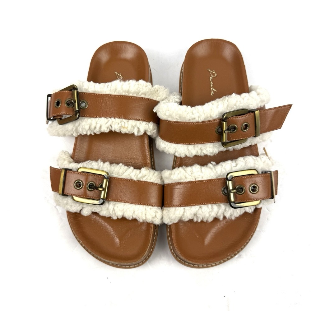 Paula Torres Birken Sandals 7 Brown Fuzzy Fur Slip On Boho Shoes‎ Womens